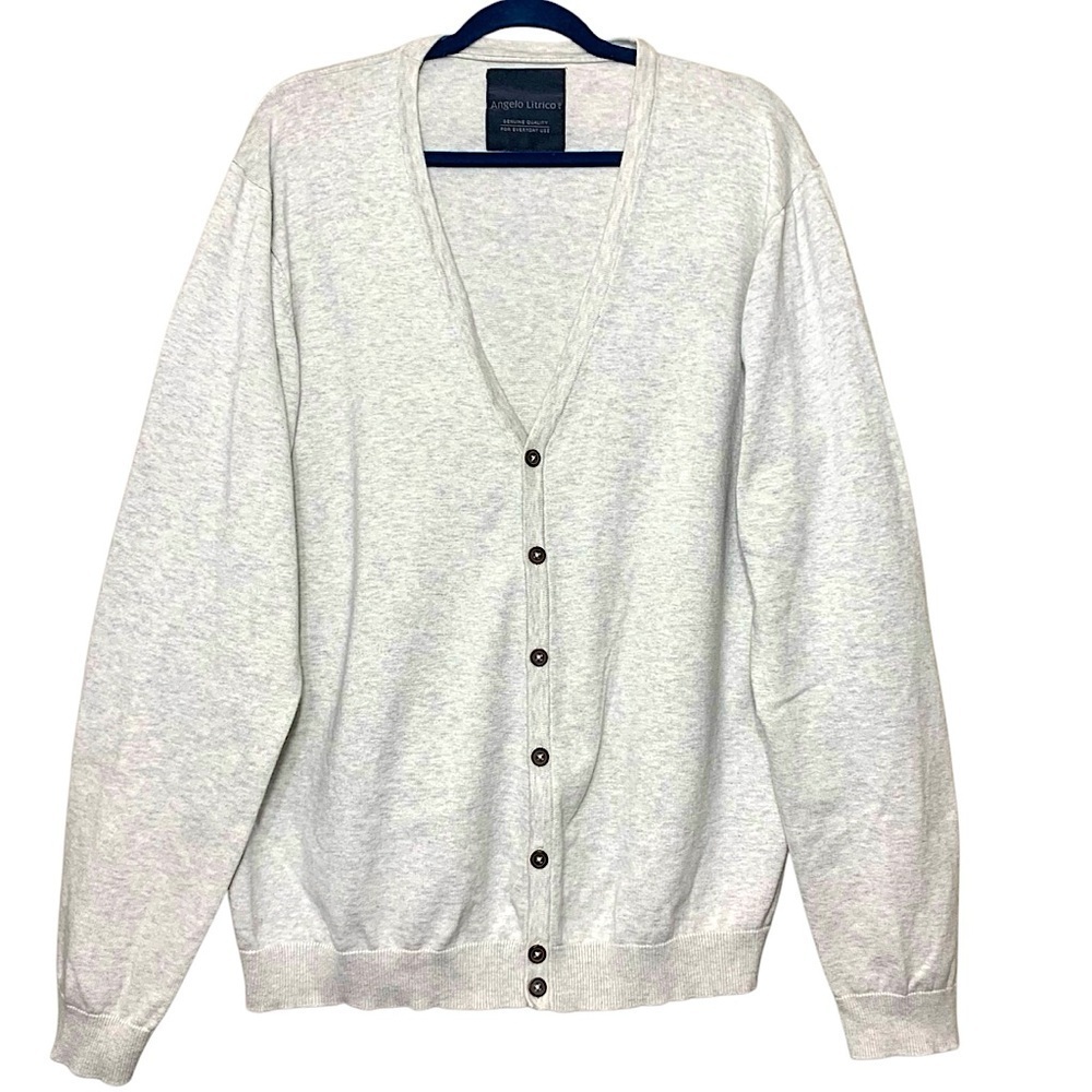 Angelo Litrico Knit Cardigan Sweater Button Front Sz L Gray Beige Modern Relaxed